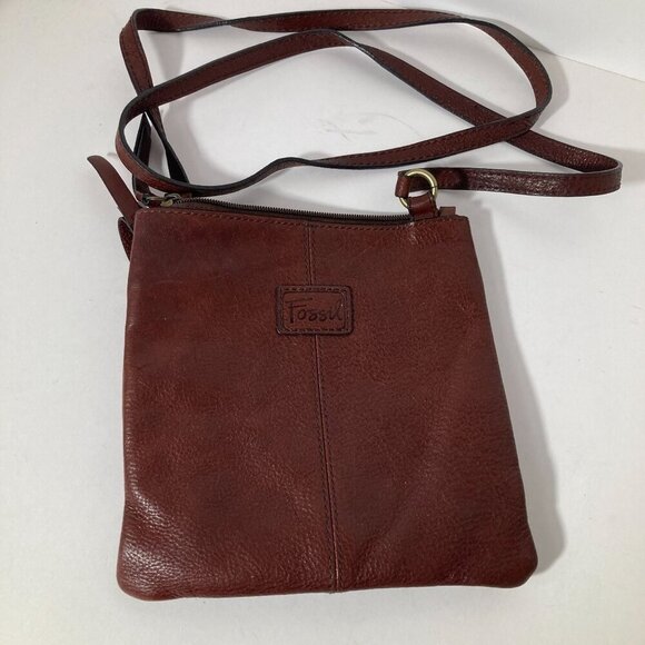 Womens Fossil Leather Tapestry Boho Crossbody Bag Brown Orange Blue 8 x 8" - Picture 2 of 9